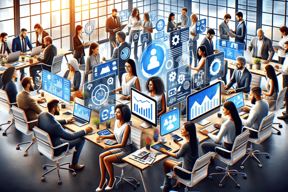 A creative depiction of a diverse group of people in a modern office setting in Florida, engaging in digital marketing activities. Illustrate professi 2