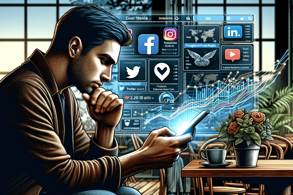A detailed illustration of a person using a smartphone to engage with various social media platforms. The image should depict an individual of Hispani 2