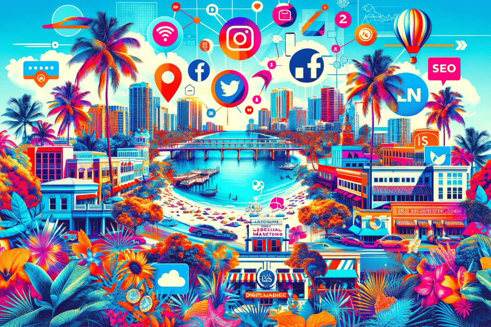 A vibrant collage representing the digital marketing landscape in Florida. The image should include Florida's iconic palm trees and beaches, along wit 2