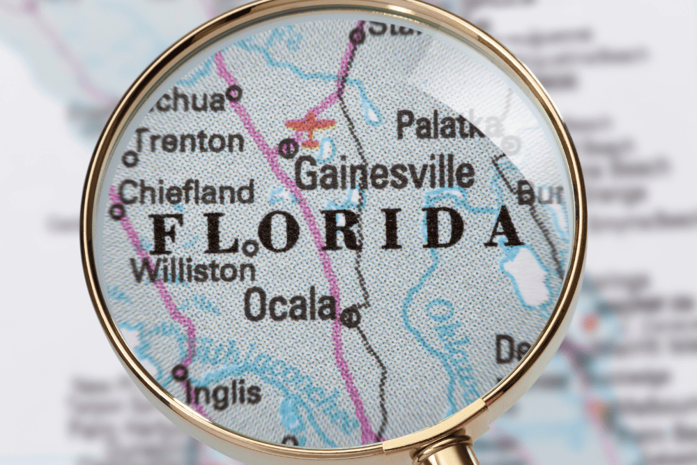 Florida map view through magnifying glass - What are effective SEO strategies for Florida companies