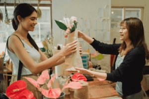 A girl buying a bouquet