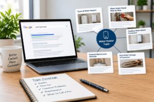 Topical authority content strategy showing a water heater pillar page connected to supporting plumbing topics alongside Google search results.