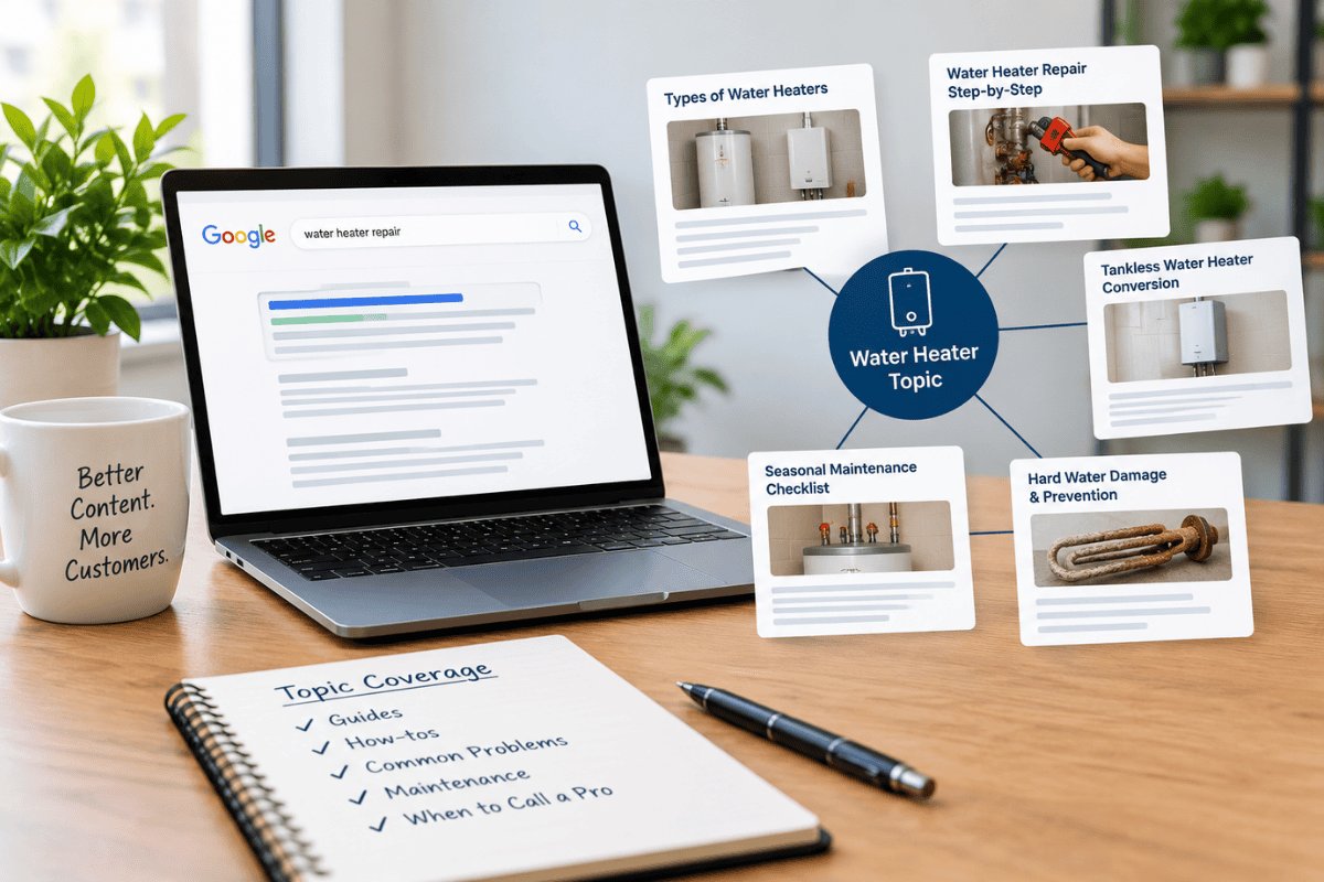 Topical authority content strategy showing a water heater pillar page connected to supporting plumbing topics alongside Google search results.