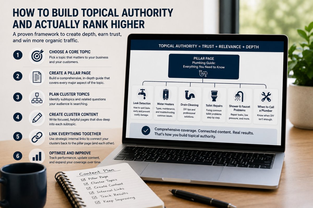 Step-by-step topical authority strategy showing how pillar pages, cluster content, internal links, and ongoing optimization work together to improve organic search rankings.