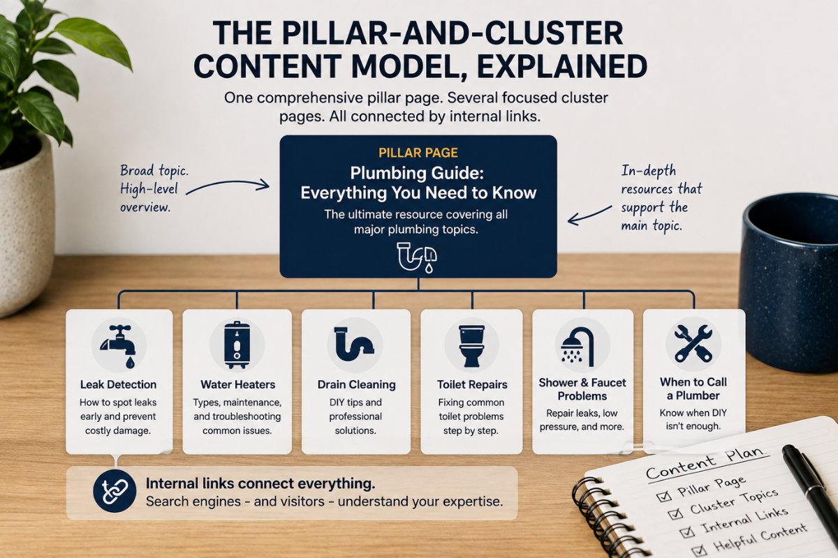 Pillar-and-cluster content model showing a comprehensive plumbing pillar page connected by internal links to focused supporting pages on related plumbing topics.