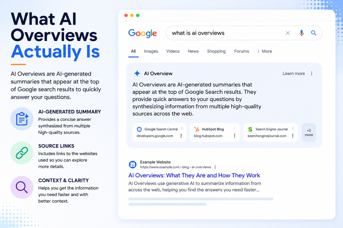 Google AI Overview example showing an AI-generated summary and cited sources in Google Search results