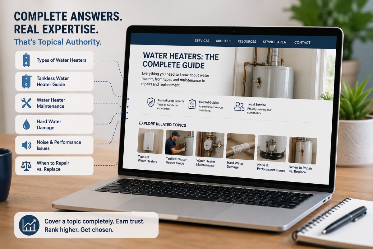 Topical authority example showing a comprehensive water heater guide connected to related pages on maintenance, tankless systems, hard water damage, performance issues, and repair or replacement.