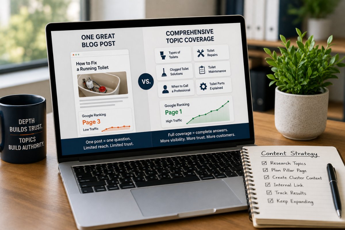 Comparison showing one isolated blog post versus comprehensive topic coverage with multiple related pages, illustrating how deeper content builds topical authority.