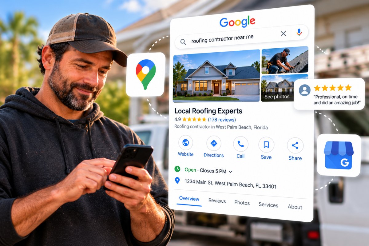 Local service business owner viewing a Google Business Profile with reviews, photos, contact information, and Google Maps visibility.