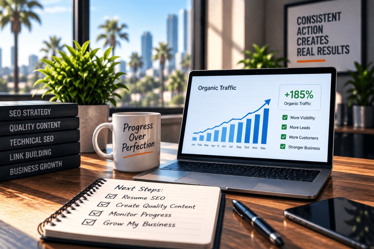 SEO strategy workspace showing consistent optimization and long-term organic traffic growth