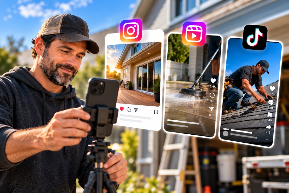 Local service business owner creating visual content for Instagram, Reels, and TikTok featuring home improvement projects.