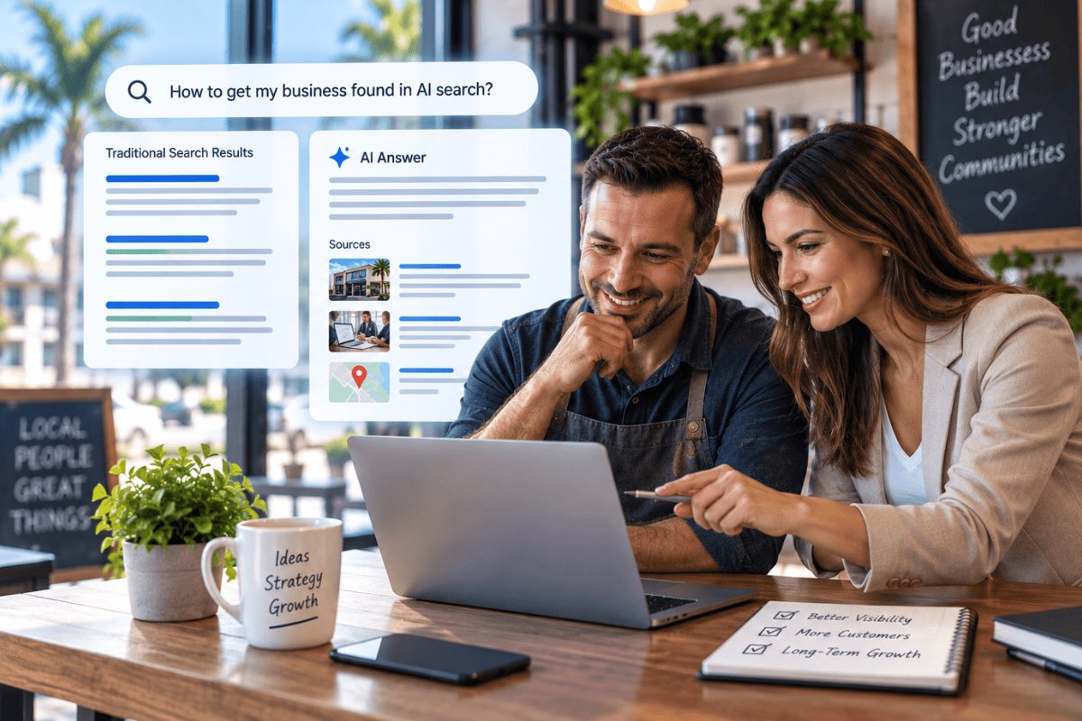 Small business owner and marketing consultant reviewing traditional search results and AI search visibility strategies