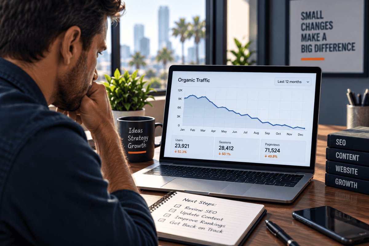 Small business owner reviewing declining organic traffic after stopping SEO