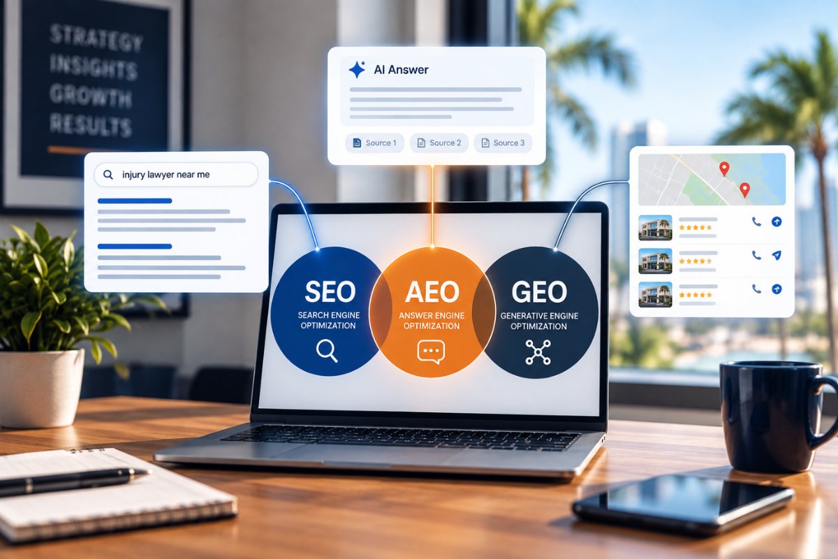 SEO, AEO and GEO shown together with traditional search results, AI-generated answers and local search visibility
