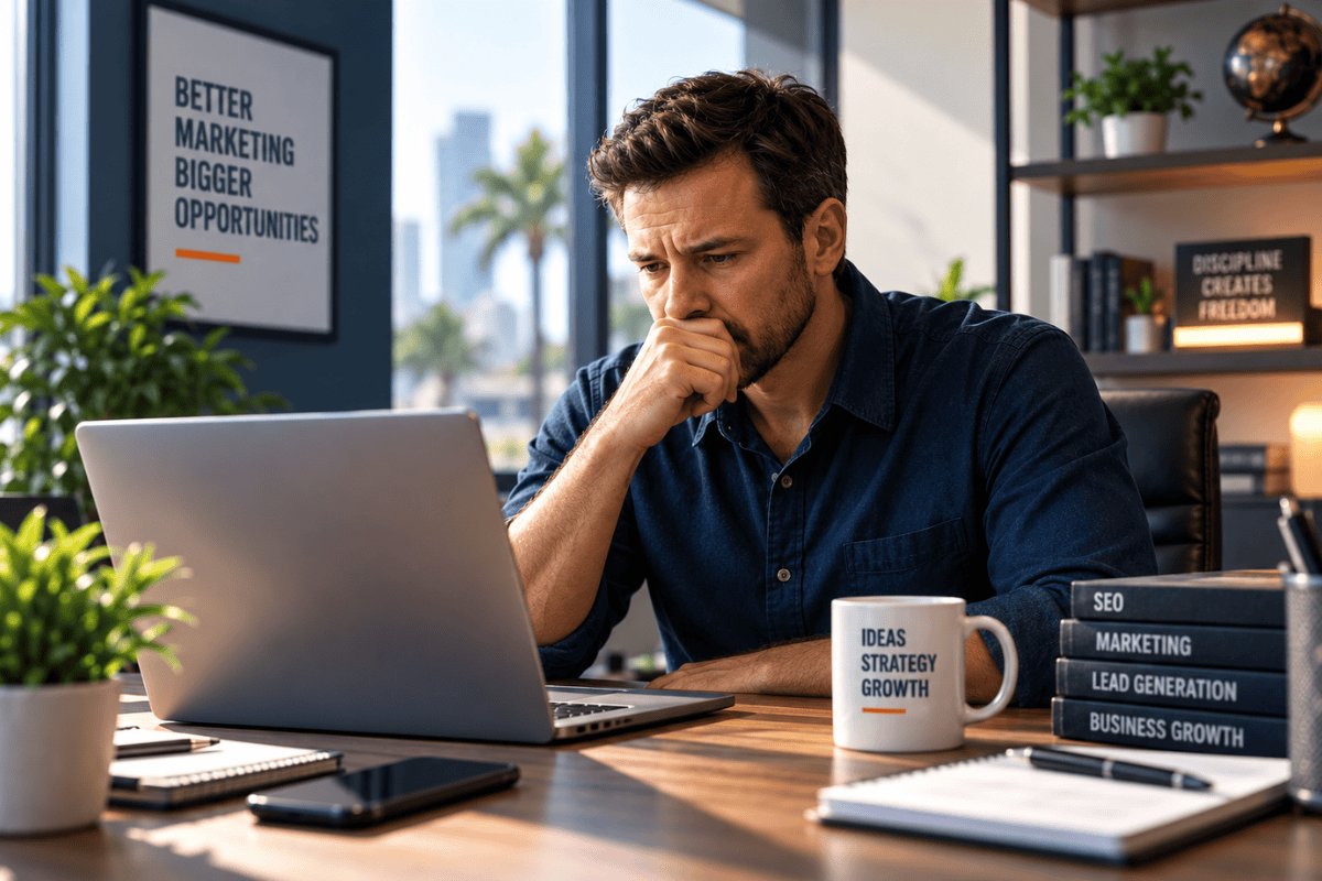 Small business owner reviewing declining organic traffic after stopping SEO