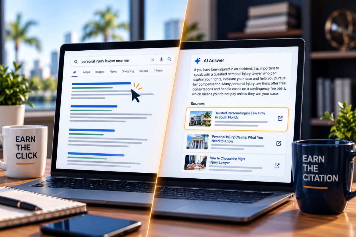 Traditional search results earning a click compared with an AI-generated answer citing trusted sources