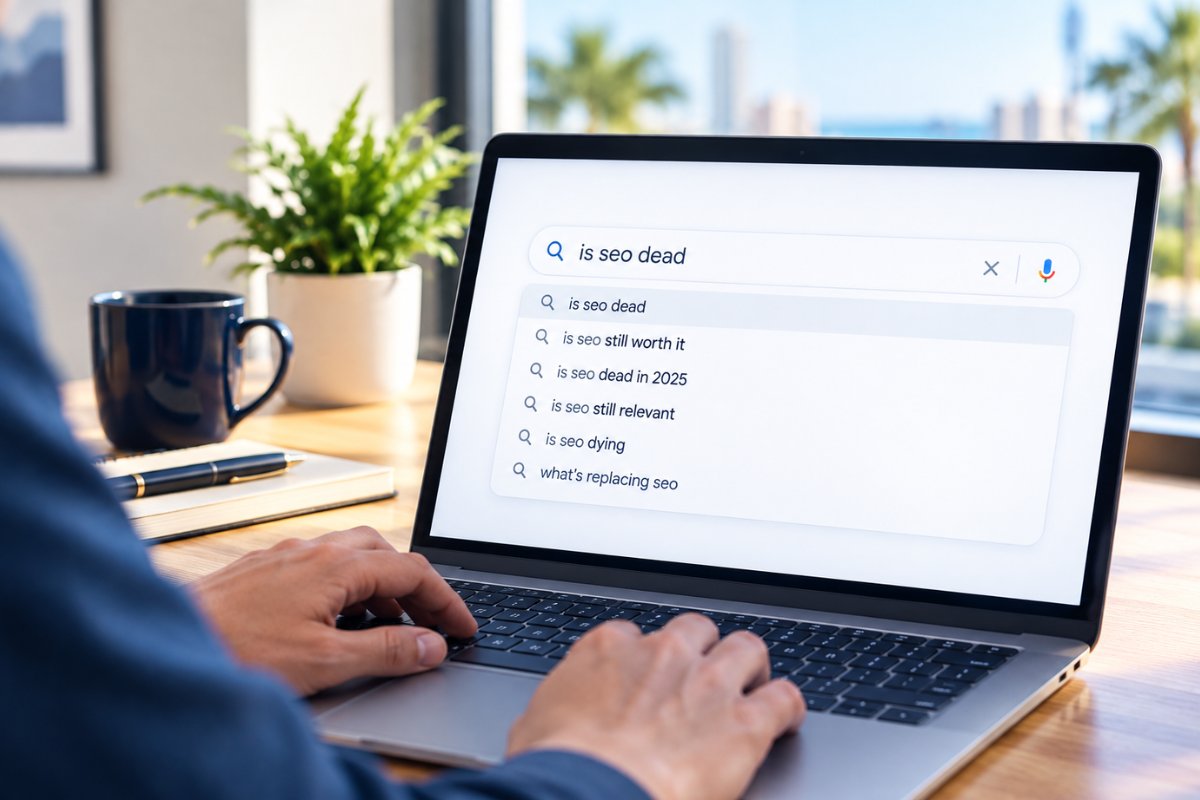Business owner searching “is SEO dead” on a laptop as related SEO questions appear in the search bar