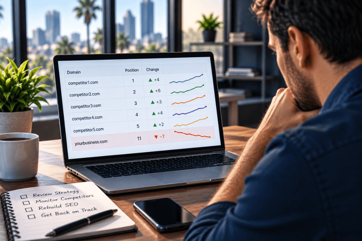 Small business owner reviewing lost SEO rankings as competitors move ahead in search results