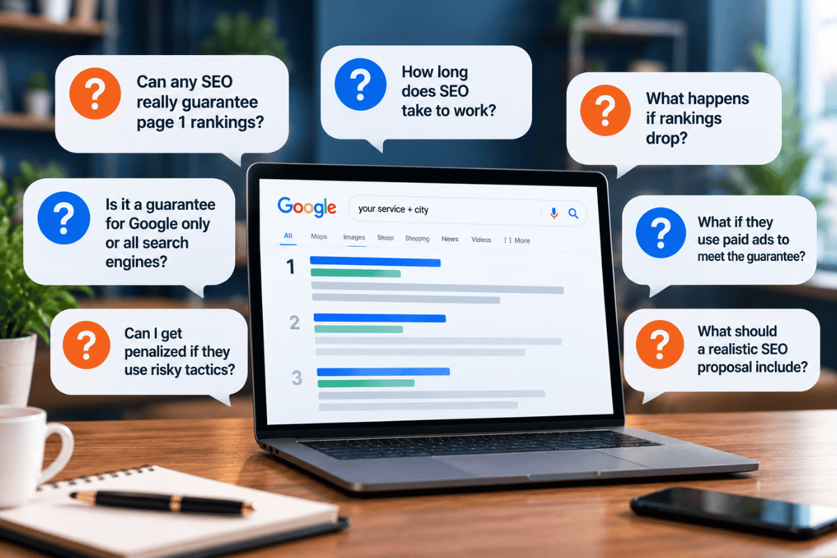 SEO frequently asked questions about guaranteed page 1 rankings, realistic timelines, penalties, ranking changes, and what legitimate SEO services promise.