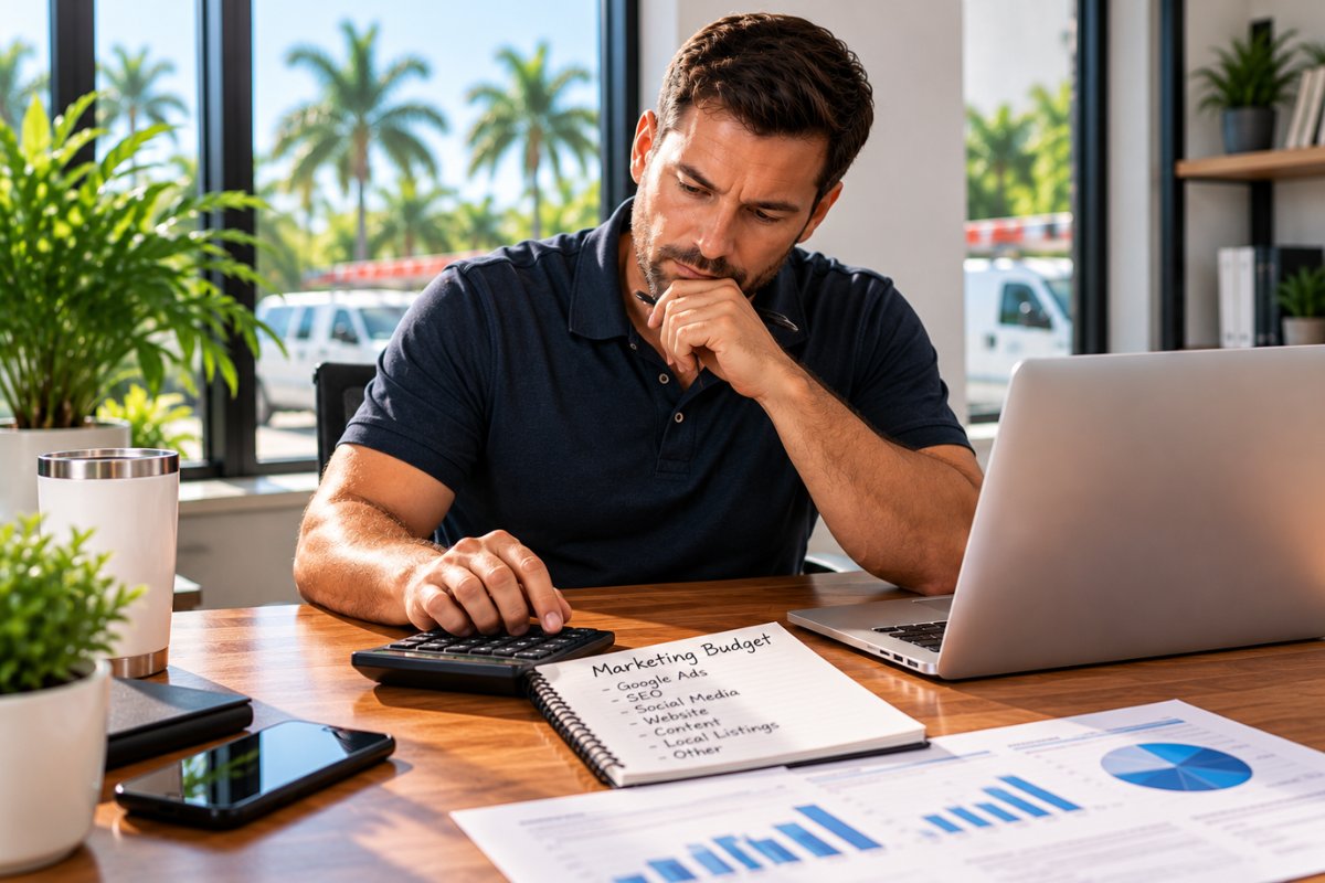 Service business owner calculating a monthly marketing budget using a calculator and spreadsheet showing expenses for Google Ads, SEO, social media, website maintenance, and content marketing.