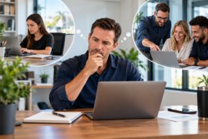 Small business owner deciding between in-house marketing and hiring a digital marketing agency, with an individual marketer and agency team representing both options