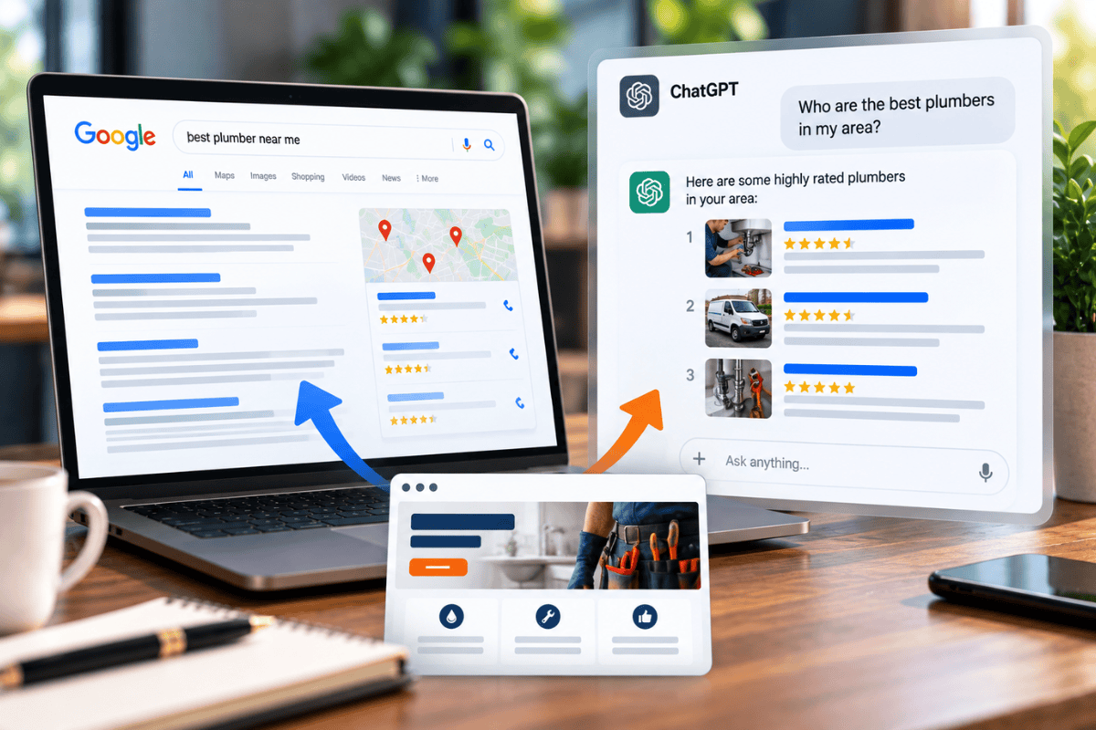 Google search results and an AI assistant showing local business recommendations, illustrating how SEO visibility now extends into AI search.