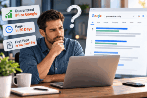Small business owner questioning whether guaranteed page 1 Google rankings are a legitimate SEO promise.