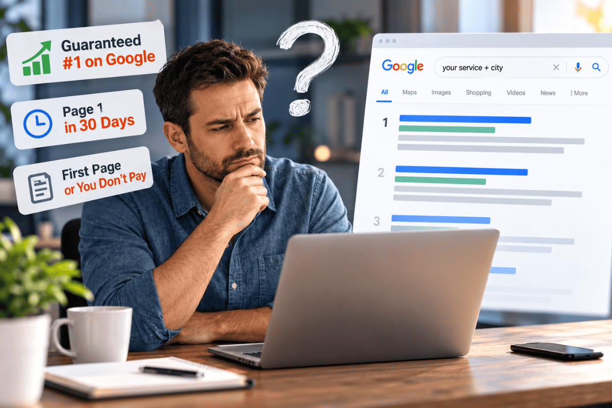 Small business owner questioning whether guaranteed page 1 Google rankings are a legitimate SEO promise.
