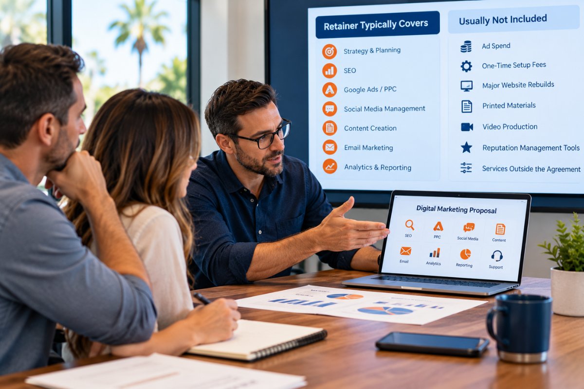 Digital marketing agency representative explaining monthly retainer services and additional costs to small business owners, including SEO, PPC, social media, ad spend, and setup fees