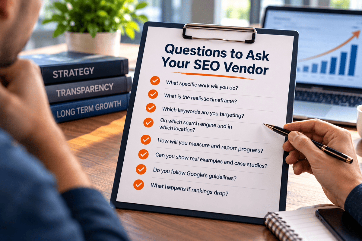 Checklist of questions to ask an SEO vendor about targeted searches, Google guidelines, backlinks, reporting, account ownership, and realistic results.