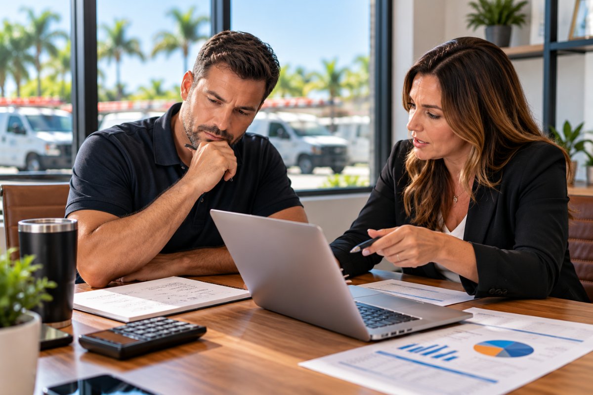 Service business owner reviewing marketing budget projections with a consultant, discussing business goals, advertising costs, and growth opportunities.