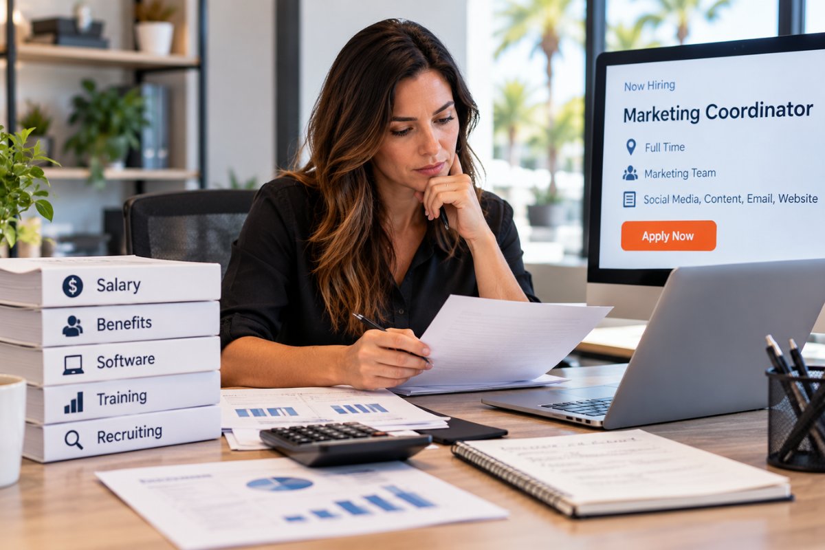 Business owner reviewing the true cost of hiring an in-house marketing employee, including salary, benefits, software, training, and recruiting expenses