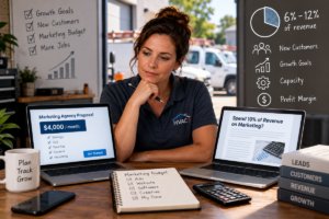 HVAC business owner reviewing a $4,000 monthly marketing proposal, revenue-based spending recommendations, and customer growth goals to determine a reasonable marketing budget.
