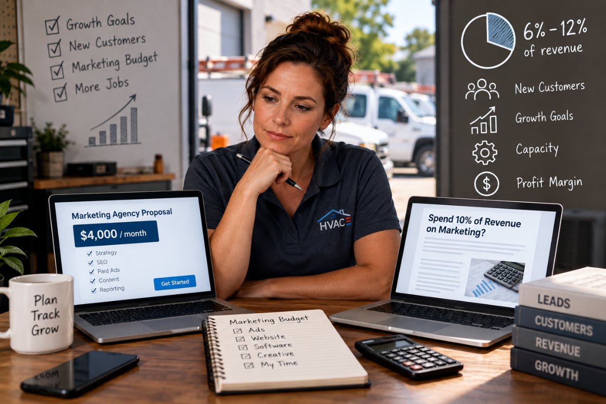 HVAC business owner reviewing a $4,000 monthly marketing proposal, revenue-based spending recommendations, and customer growth goals to determine a reasonable marketing budget.