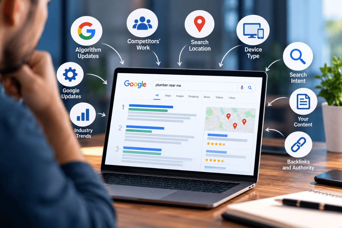 SEO search results surrounded by ranking factors including Google updates, competitor activity, search location, device type, content, and backlinks.